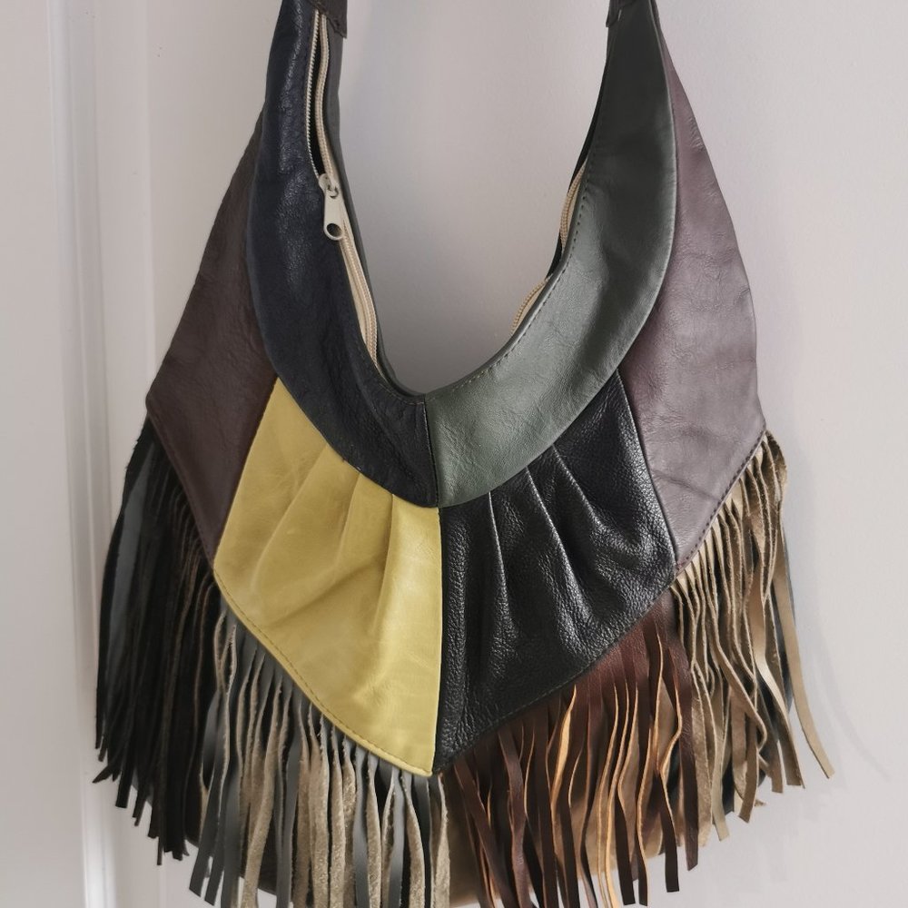 Vintage Boho Hippy 60's 70's Leather Hobo Shoulder Bag w Fringe